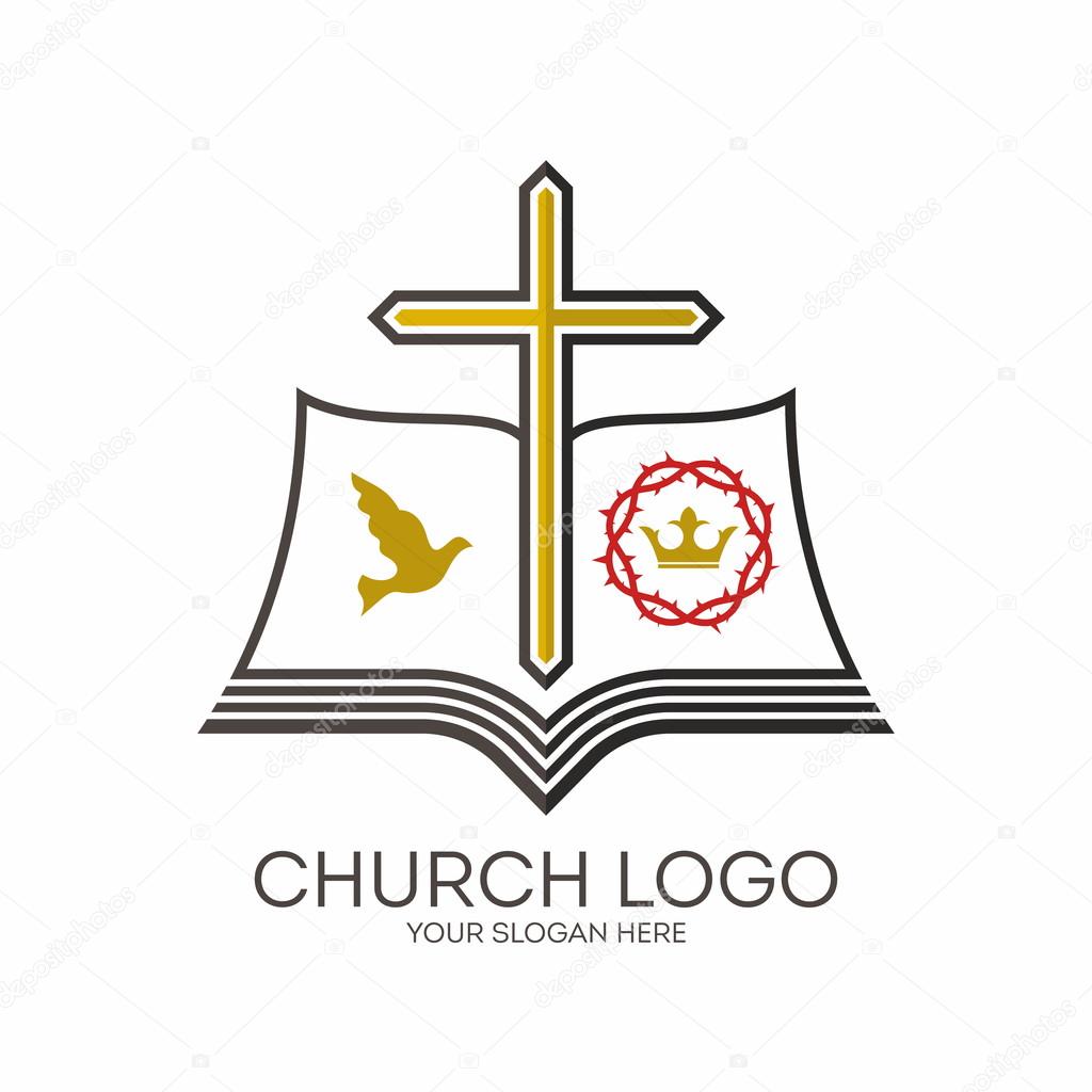 Church logo. Dove, crown, crown of thorns, cross, pages, Bible