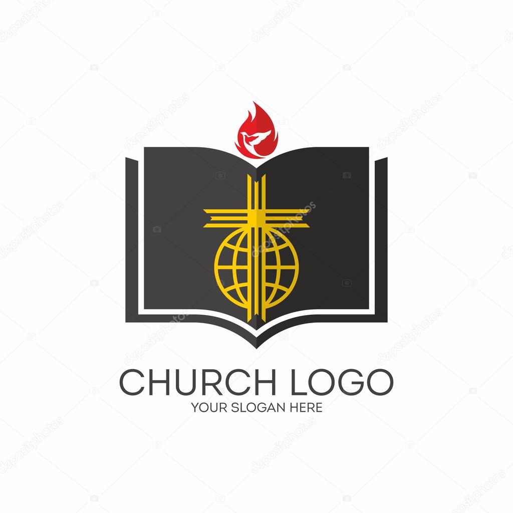 Church logo. Missions, Bible, cross, globe, flame, dove, icon