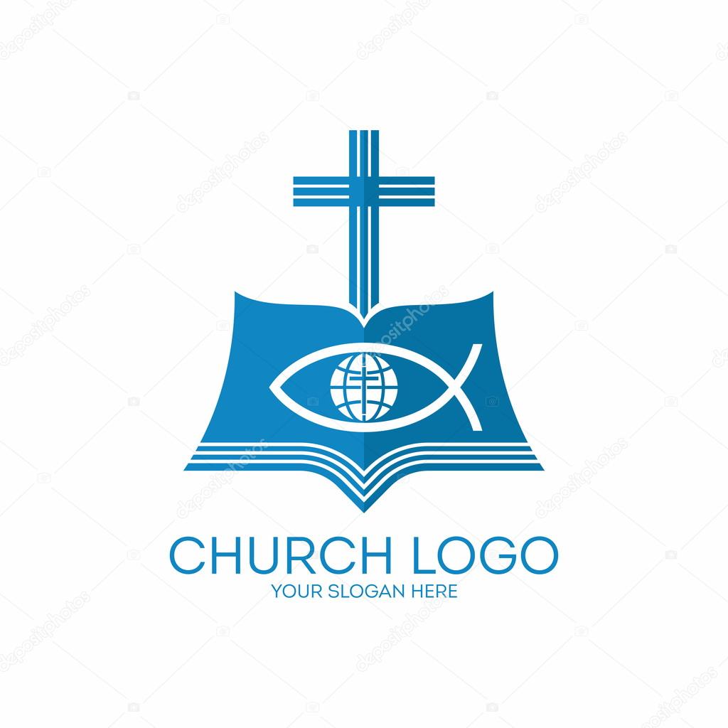 Church logo. Cross, Bible, jesus fish, globe, cross, missions, icon