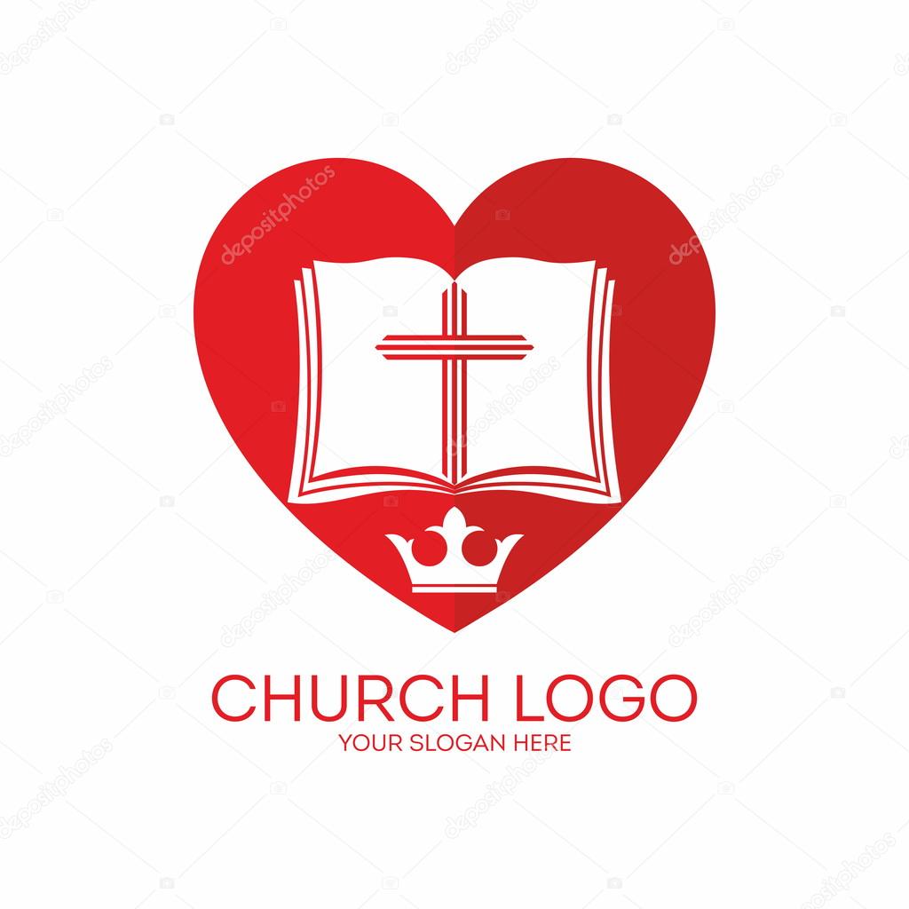 Church logo. Heart, red, white, Bible, love, crown, pages, cross