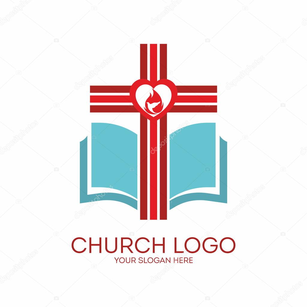 Church logo. Cross, heart, red, white, blue, icon, pages, Bible, flame, dove
