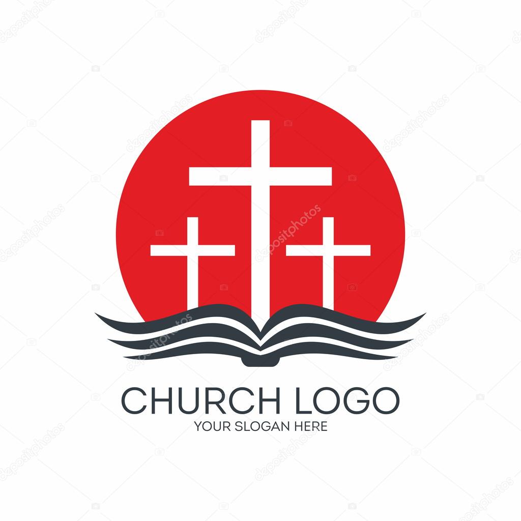 Church logo. Three crosses, cross, sunrise, pages, Bible, icon