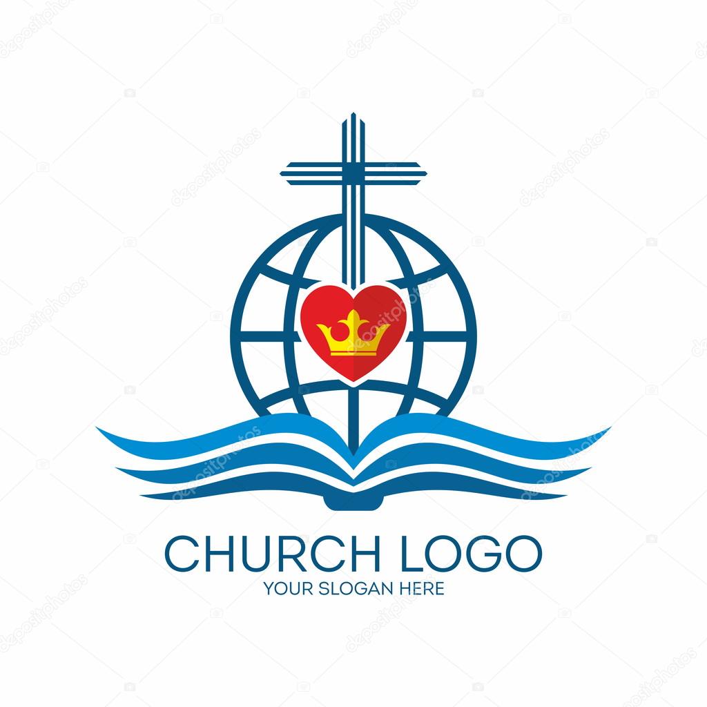 Church logo. Missions, crown, heart, Bible, pages, globe, icon, cross