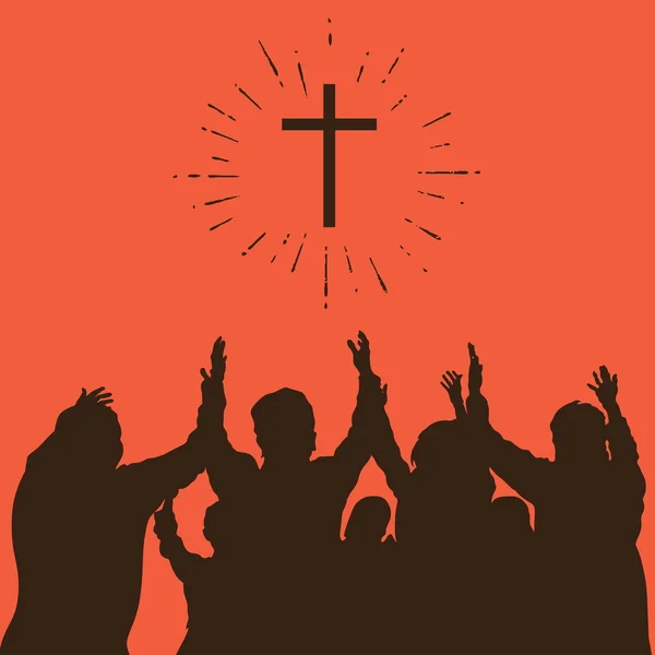 Groep aanbidding, verhoogde handen, cross, aanbidding, silhouetten, lof — Stockvector
