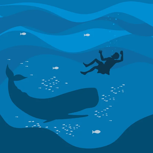 Jonah und der Wal. Silhouette, von Hand gezeichnet — Stockvektor