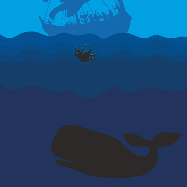 Jonah e a baleia. Silhueta, desenhada à mão — Vetor de Stock