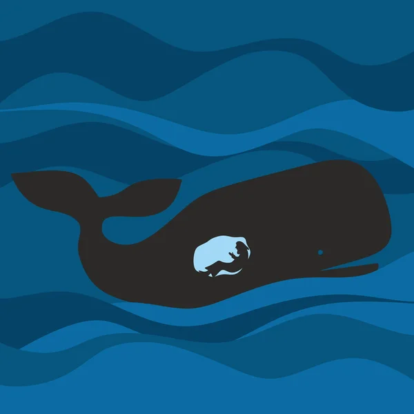 Jonah in de walvis. Silhouet, hand getrokken — Stockvector