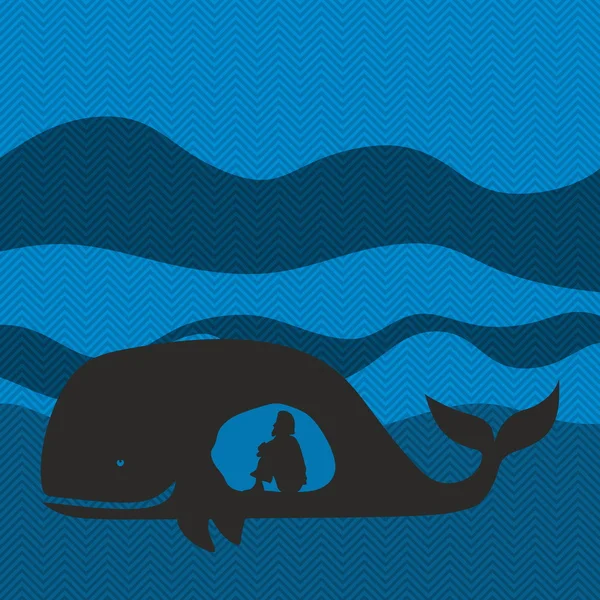 Jonah in de walvis. Silhouet, hand getrokken — Stockvector