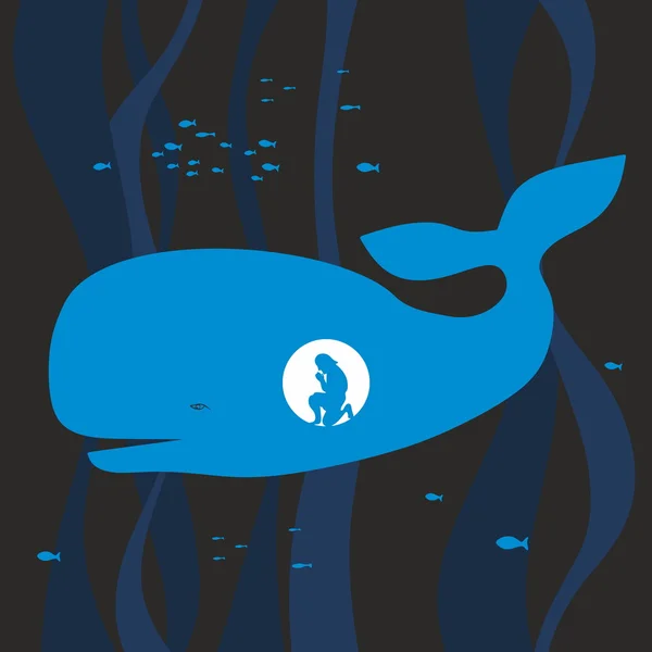 Jonah in de walvis. Silhouet, hand getrokken — Stockvector