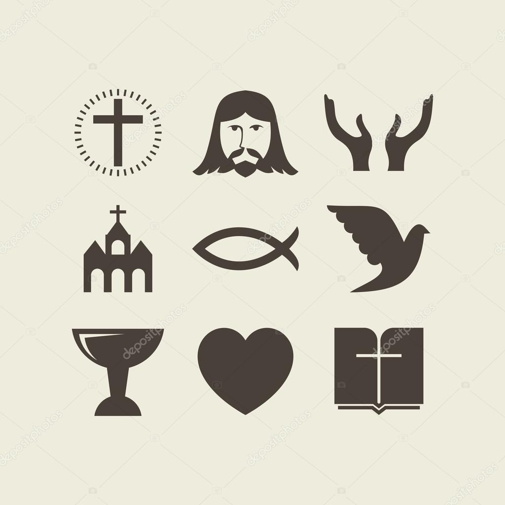 Christianity icon set, Jesus, dove, hands, bible, heart, church