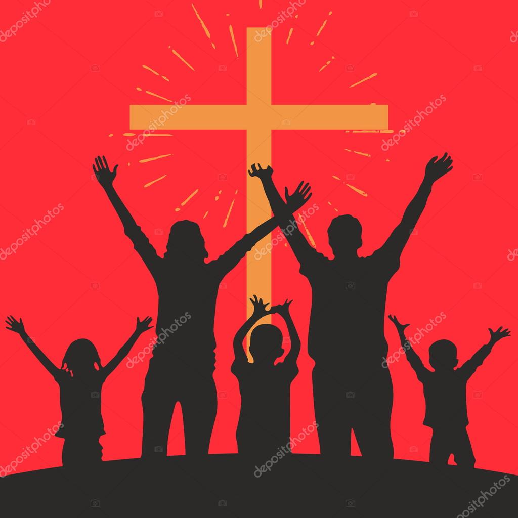 Family with raised hands and a cross