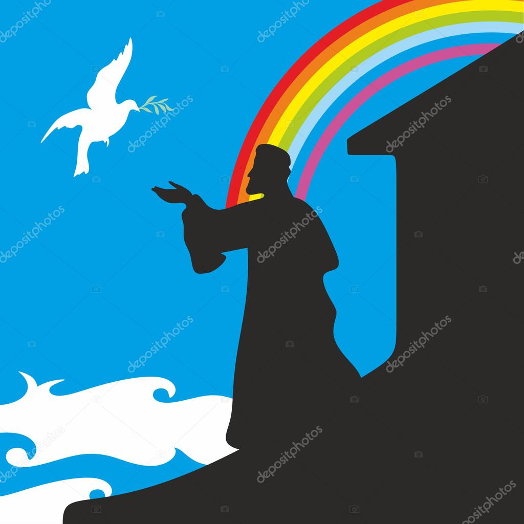 Noah's Ark and rainbow. Silhouette, hand drawn