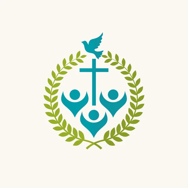 Colombe, branches, insigne, croix, chœur, adoration, mains levées, adhésion, missions — Image vectorielle