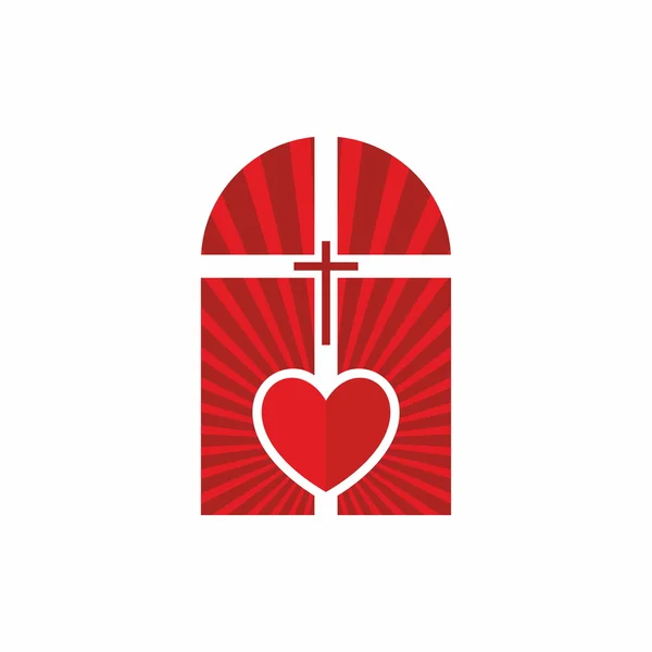Ventana, cruz, corazón, rojo, irradiante, amor, fe — Vector de stock