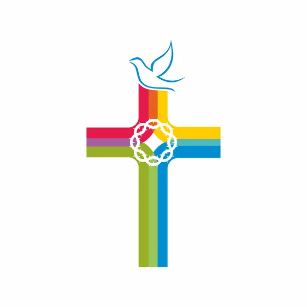 Kleurrijke Kruis, kroon van doornen, pictogram — Stockvector