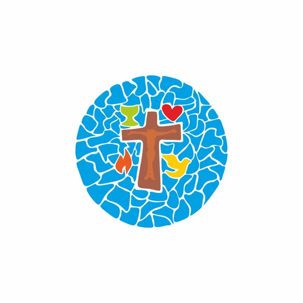 Jesus på korset, kalk, flames, dove, badge, mosaik, hjärtat, korsfästelsen — Stock vektor