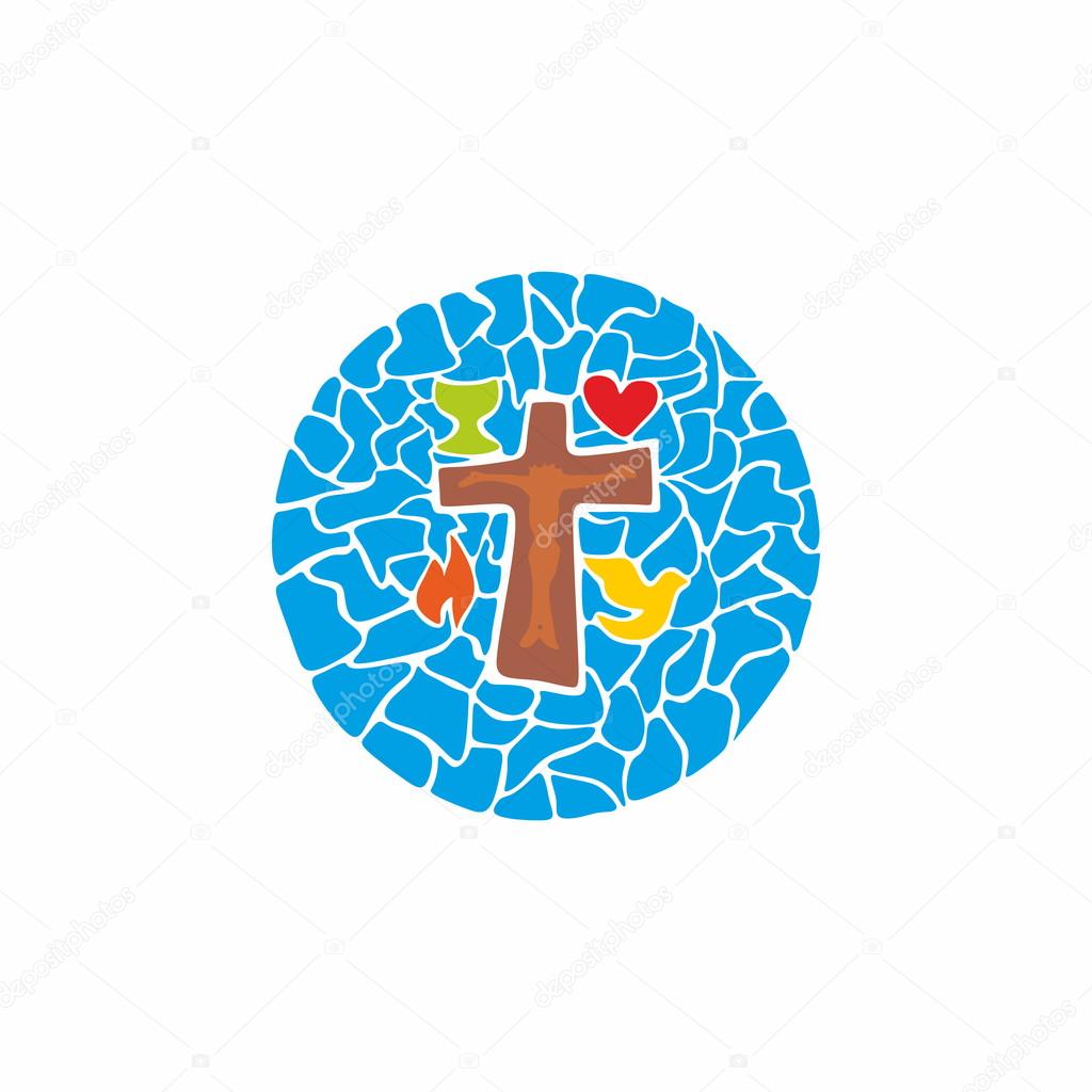 Jesus on the cross, chalice, flames, dove, badge, mosaic, heart, crucifixion