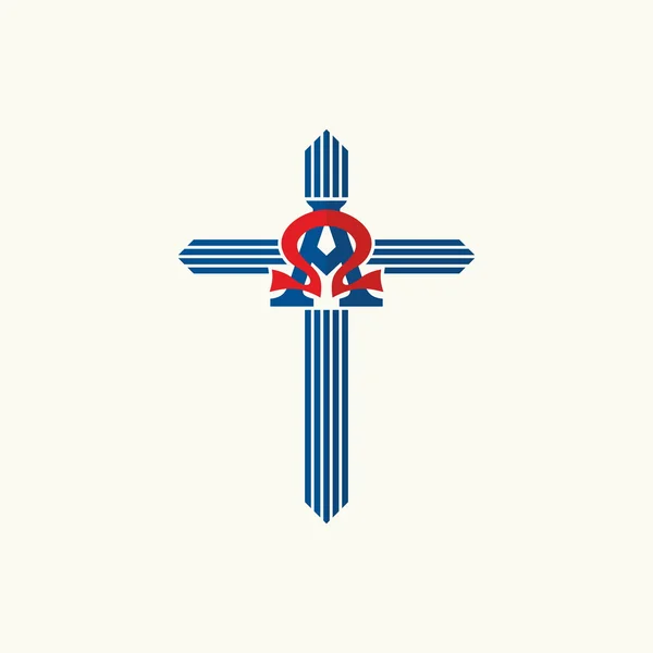教会のロゴ。アルファ、オメガとのクロス — ストックベクタ