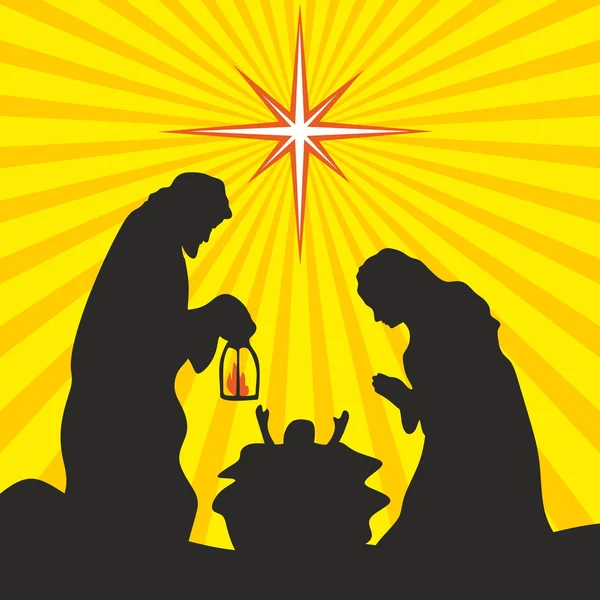 Wenskaart met een verhaal van Kerstmis. Maria en Jozef met het kindje Jezus in Bethlehem. — Stockvector