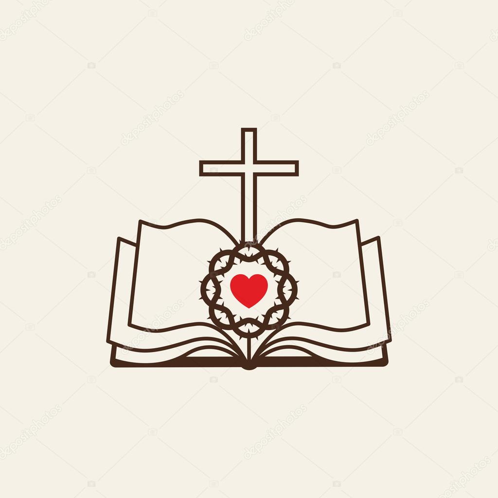 Logo of the church. Cross, an open Bible, the heart and the crown of thorns