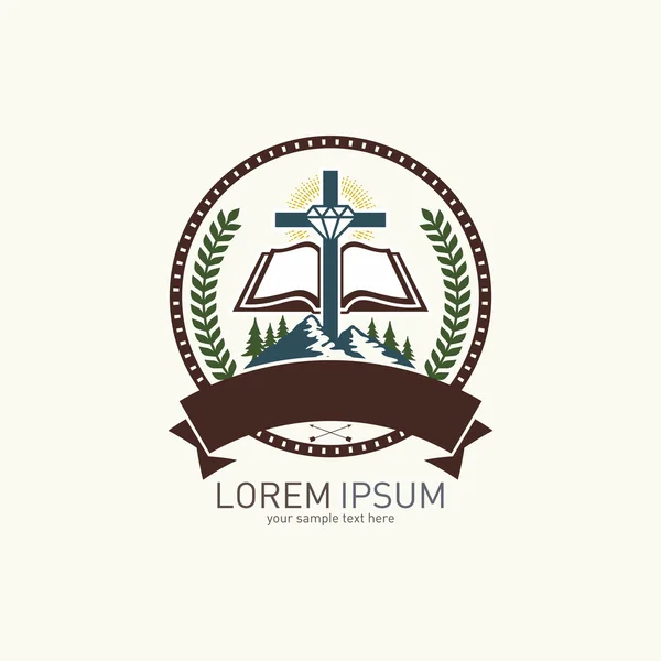 Логотип церкви. Гора, хрест, діамант і відкрита Біблія — стоковий вектор