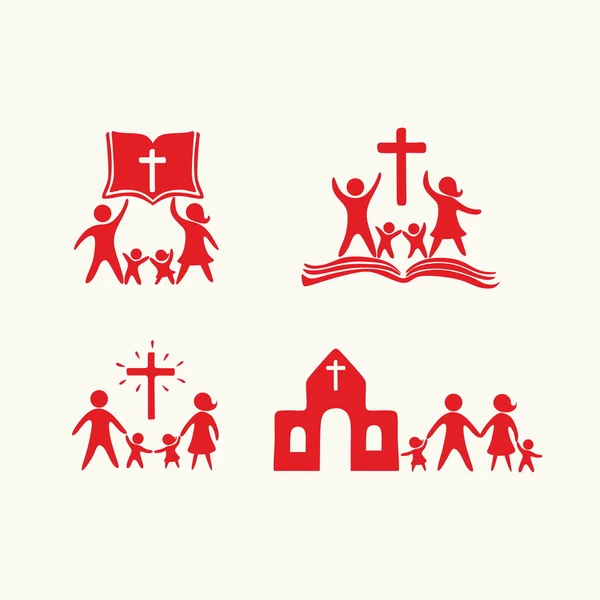 Christelijke familie. God aanbidden. Religieuze riten. Kerk. — Stockvector