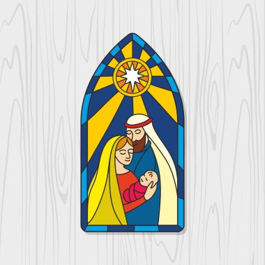 Doğum sahnesi. Noel. Mary, Joseph ve küçük İsa. Lekeli.