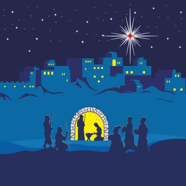 Doğum sahnesi. Noel. Bethlehem. Mary, Joseph ve küçük İsa. İsa'nın ibadete çobanlar ve bilge adamlar geldi