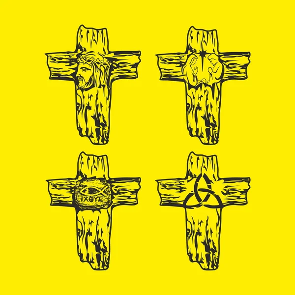 Ensemble de croix. Jésus, Dieu, Trinité, Couronne d'épines, symboles chrétiens — Image vectorielle
