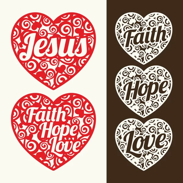 Hearts and words. Jesus, hope, faith and love — Stock Vector