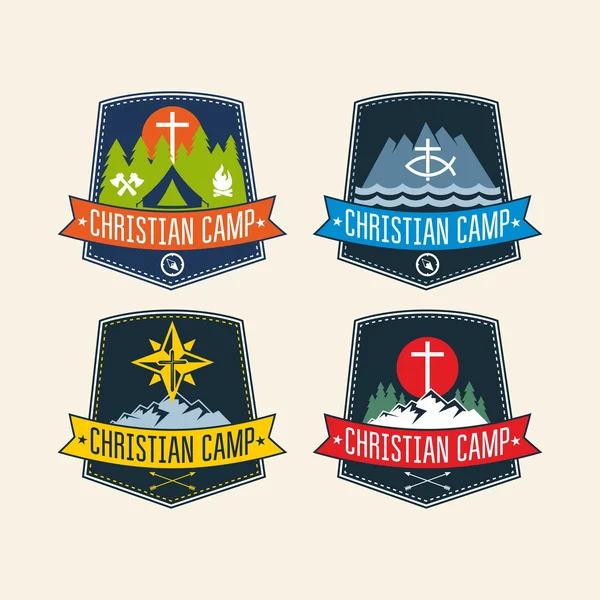 Set of christian camp labels and logo graphics — Stock Vector