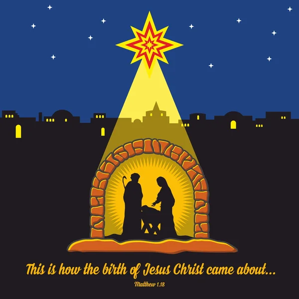基督诞生的场景。圣诞节。伯利恒。玛丽、 约瑟夫和小耶稣 — 图库矢量图片
