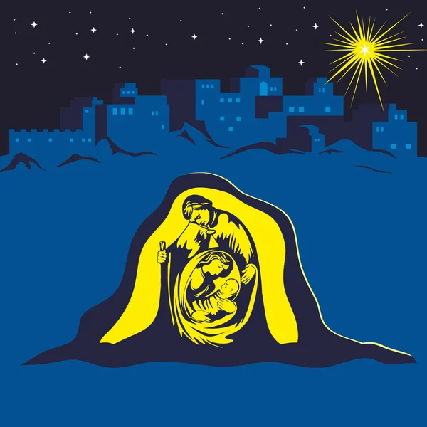 Рождественская сцена. Рождество. Мария, Иосиф и маленький Иисус. Ночной Вифлеем — стоковый вектор