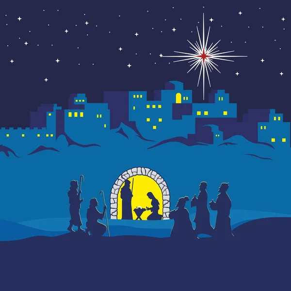 Belén. Navidad. Belén. María, José y el pequeño Jesús. Los pastores y los sabios vinieron a adorar a Jesús — Vector de stock