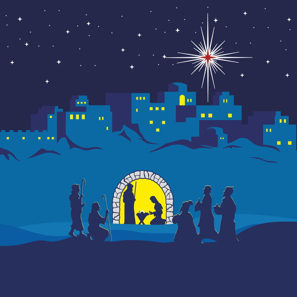 Nativity scene. Christmas. Bethlehem. Mary, Joseph and small Jesus. The shepherds and the wise men came to worship Jesus