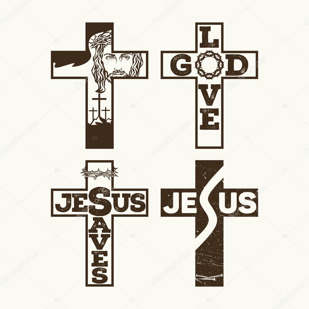 Set of crosses. Jesus, God, Crown of thorns.