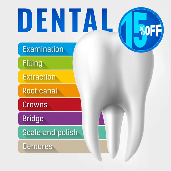 Vektör İllüstrasyon teklif etiketi ile gökkuşağı arka plan üzerinde Diş İllüstrasyon