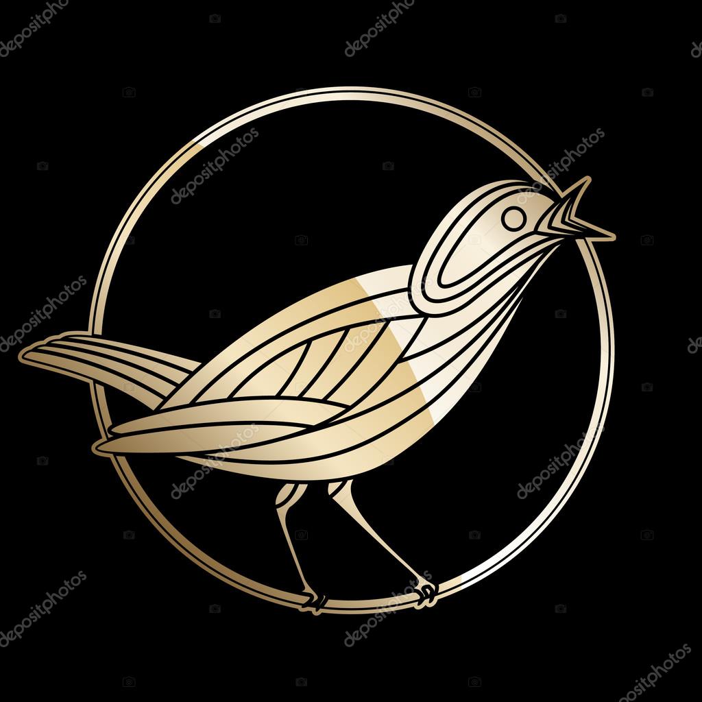 Singing nightingale bird sitting on a tiny branch logo vector illustration. Good for fields as coffee shop, cafeteria, sound and music studios, melody websites and groups, musicians. Empty background.