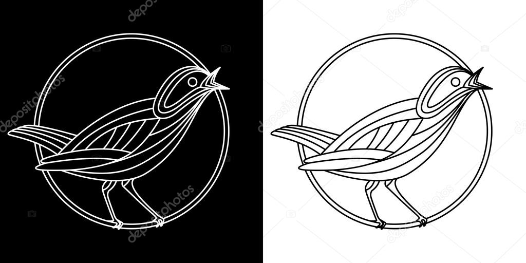 Singing nightingale bird sitting on a tiny branch logo vector illustration. Good for fields as coffee shop, cafeteria, sound and music studios, melody websites and groups, musicians. Empty background.