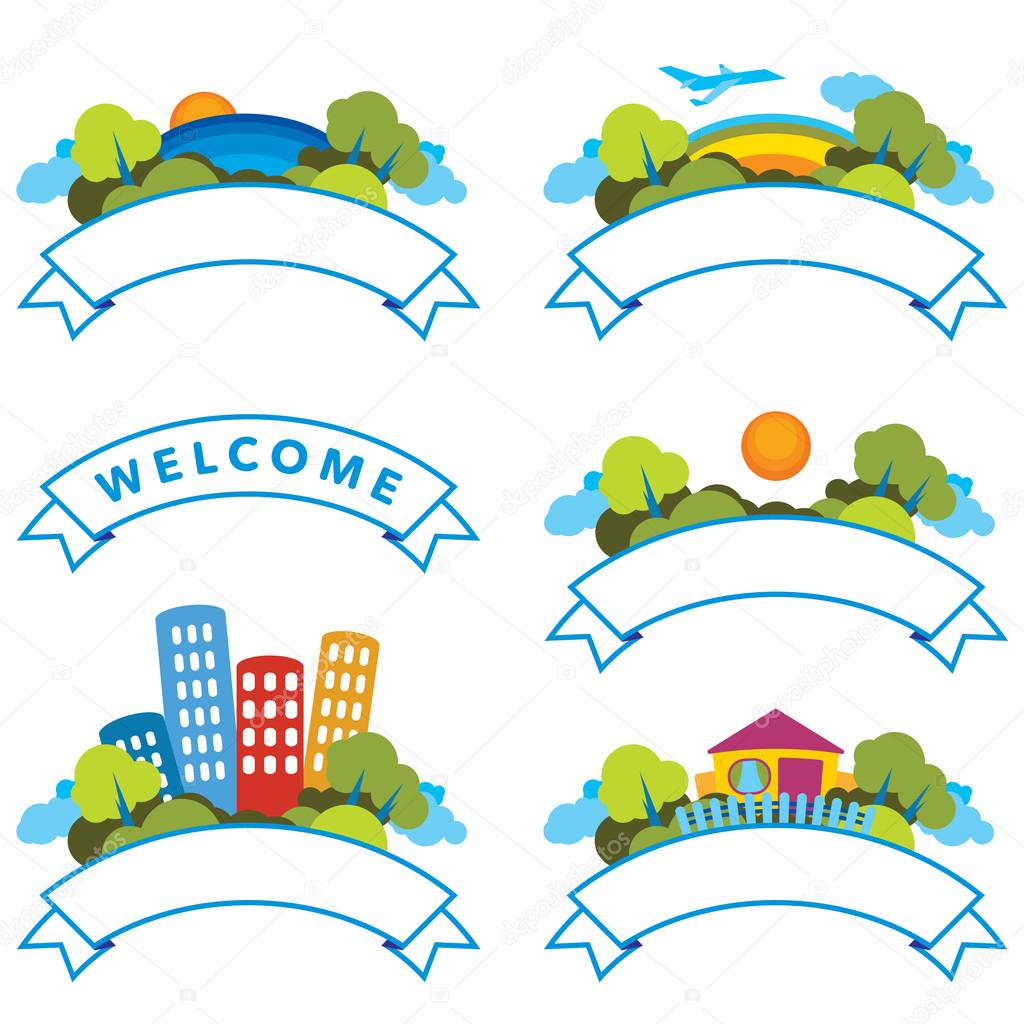 set of welcome icons with different places