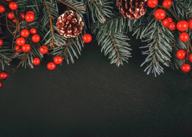 Mutlu Noeller. Noel konsepti arka planda. Karanlık arka planda Noel ağacı dalları.