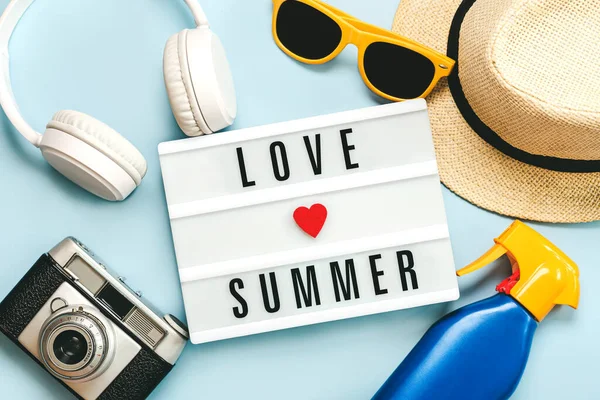Summer Holidays Concept Lightbox Text Love Summer Next Sunglasses Hat — Stockfoto