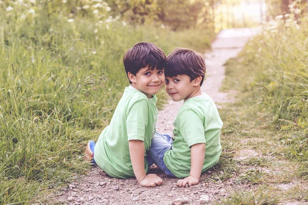 Happy brothers sitting in the field — Stock Photo, Image