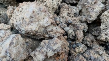 Kaba kahverengi toprak parçalarını ve bahçedeki kuru kil toprak yüzey dokusunu veya tarımsal alanı kapatın..