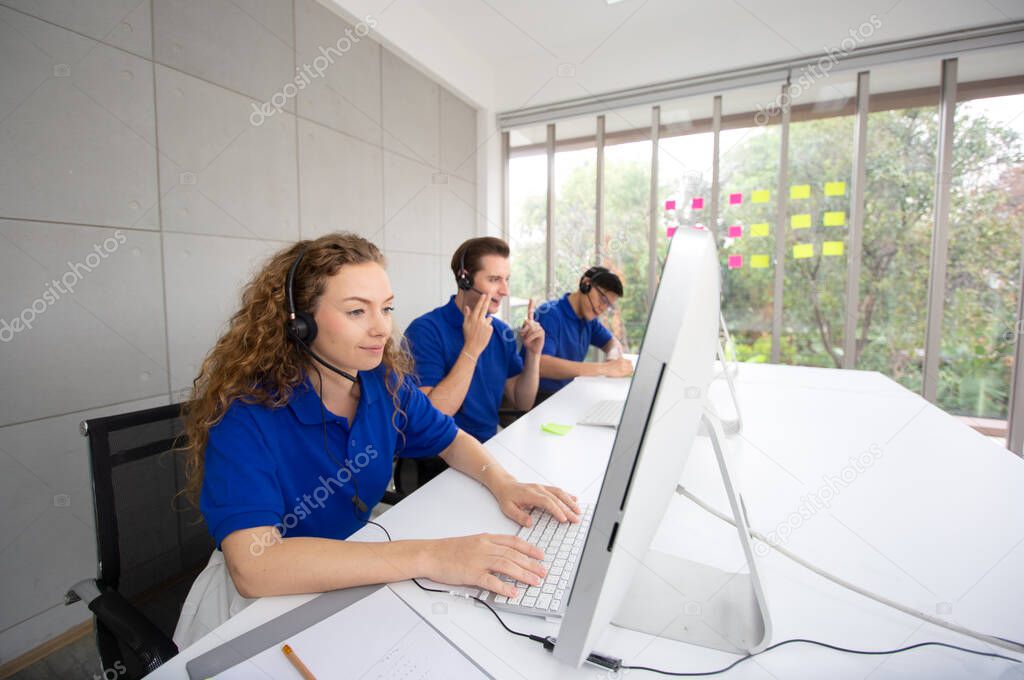 Call center team at the office, group of staff new online business sale team people and call center it support helping customer to find a solution for business and advice customer