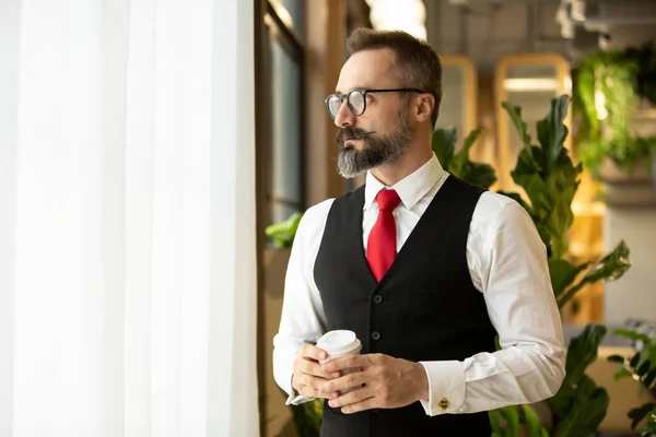 Bearded Hipster Businessman Holding Coffee Cup Portraits — Stock Photo, Image