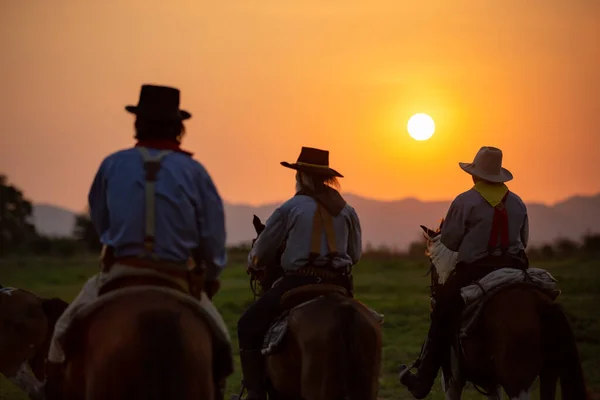 Grupp Cowboy Hästryggen Silhuett Grupp Cowboy Sitter Sin Häst — Stockfoto