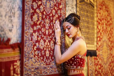 Güzel kadın sari kostümü portresi. Güzel Hintli bir kızın portresi. Altın kundan mücevher setiyle genç Hindu kadın model. Geleneksel Hint kostümü lehenga choli .