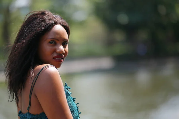 Cheerful Young Woman Standing Outdoor Water Park Garden — Stock Fotó