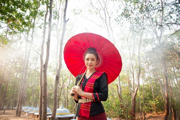 Portrait Smiling Woman Red Umbrella Standing Forest Thailand — Stock Photo, Image